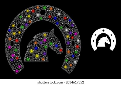 Glossy network horse farming constellation icon with lightspots. Illuminated vector constellation based on horse farming icon. Sparkle carcass polygonal horse farming on a black background.