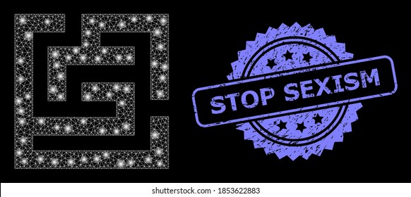 Glossy network labyrinth with glowing spots, and Stop Sexism textured ribbon stamp seal. Blue stamp seal contains Stop Sexism tag inside rosette. Illuminated vector model created from labyrinth icon.