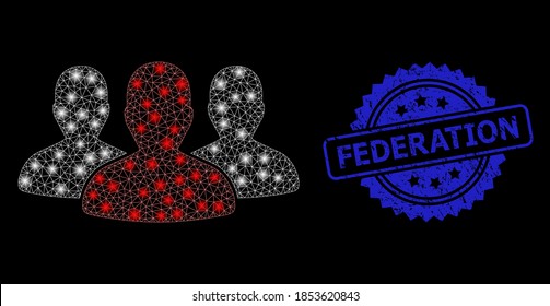 Glossy network leader men group with glowing spots, and Federation unclean ribbon seal print. Blue seal has Federation title inside rosette. Illuminated vector model based on leader men group icon.