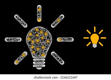 Glossy network light bulb with lightspots. Linear frame flat network generated with crossed white lines and light bulb icon. White mesh and sparkle frame mesh light bulb on a black background.