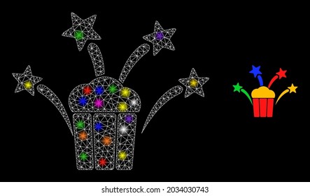Glossy network popcorn fireworks constellation icon with light spots. Illuminated vector constellation is created from popcorn fireworks glyph.