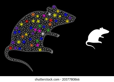 Glossy network rat constellation icon with light spots. Illuminated vector constellation based on rat icon. Sparkle frame mesh rat on a black background. Linear frame flat mesh in vector format.