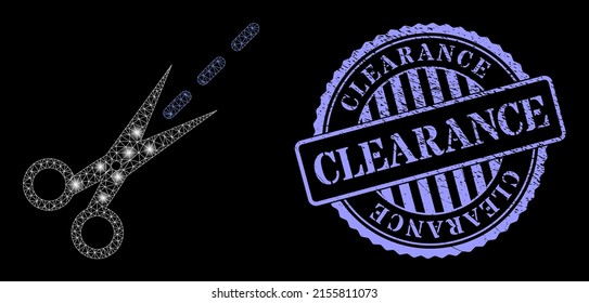 Glossy network scissors line with lightspots, and Clearance blue round dirty seal print. Vector carcass based on scissors line icon. Flare carcass polygonal scissors line.