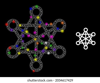 Glossy network star network constellation icon with light spots. Illuminated vector constellation is created from star network icon. Sparkle carcass polygonal star network on a black background.