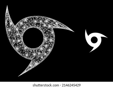 Glossy network tornado with light spots. Linear carcass flat network generated with intersected white lines and tornado icon. White mesh and sparkle carcass mesh tornado on a black background.