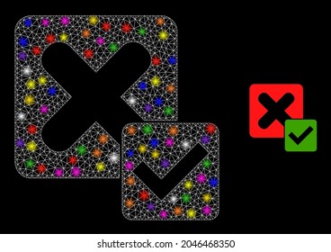 Glossy network true negative glare icon with lightspots. Illuminated vector constellation based on true negative picture. Sparkle frame polygonal true negative on a black background.