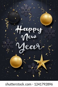 Glossy New Year background with a 3d realistic stars, balls and curly gold gift ribbons. Vector illustration. 