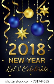 Glossy New Year background with a 3d number 2018, realistic stars, balls and curly gold gift ribbons. A banner with Let's Celebrate slogan and Christmas lights.