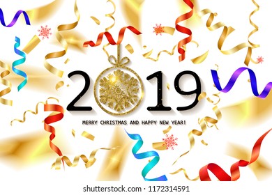 Glossy New Year background with a number 2019, realistic stars, balls and curly gold gift ribbons. A banner with Let s Celebrate slogan and Christmas lights. Vector illustration