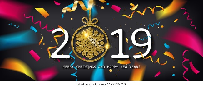 Glossy New Year background with a number 2019, realistic stars, balls and curly gold gift ribbons. A banner with Let s Celebrate slogan and Christmas lights. Vector illustration