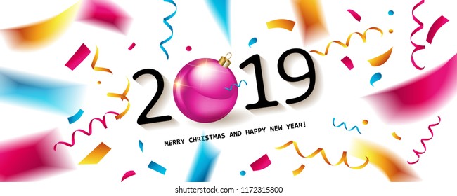 Glossy New Year background with a number 2019, realistic stars, balls and curly gold gift ribbons. A banner with Let s Celebrate slogan and Christmas lights. Vector illustration
