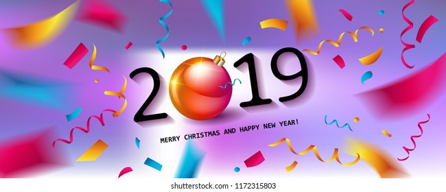 Glossy New Year background with a number 2019, realistic stars, balls and curly gold gift ribbons. A banner with Let s Celebrate slogan and Christmas lights. Vector illustration