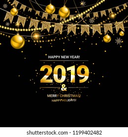 Glossy New Year background with a number 2019, realistic stars, balls and curly gold gift ribbons. A banner with Let s Celebrate slogan and Christmas lights.