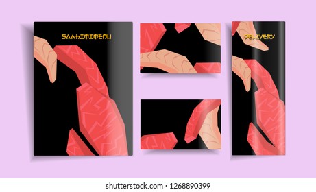 Glossy nigiri sushi brochure design- low polygonal cartoon style minimal slice of tuna in nori seaweed on black background - design menu restaurant delivery, flyer, web background
