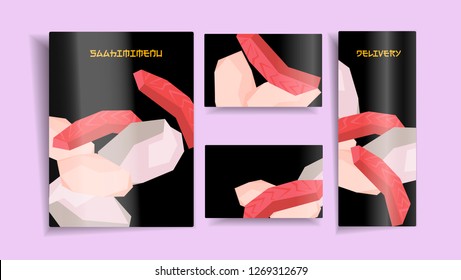 Glossy nigiri sushi brochure design- low polygonal cartoon style minimal slice of crab, squad and tuna in nori seaweed on black backdrop - design menu restaurant delivery, flyer, card, web background