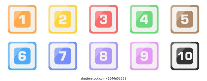 Os marcadores numéricos brilhantes definem de 1 a 10 ícones quadrados coloridos para infográficos e IU