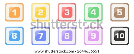 Glossy number bullet points set 1 to 10  colorful square icons for infographics and UI