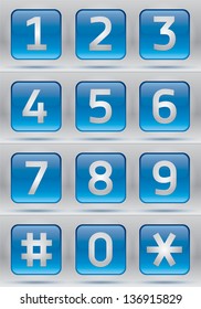 Glossy numbers vector set, 1 2 3 4 5 6 7 8 9 0, blue buttons