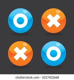 Glossy O And X Round Shape Icons With Shadow, Blue Circle And Orange Cross, Vector, Isolated On Dark Background