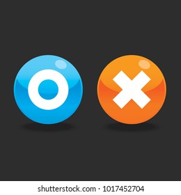 Glossy O And X Round Shape Icons With Shadow, Blue Circle And Orange Cross, Vector, Isolated On Dark Background