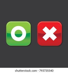 Glossy O And X Rounded Square Shape Icons With Shadow, Green Circle And Red Cross, Vector, Isolated On Dark Background