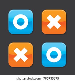 Glossy O And X Rounded Square Shape Icons With Shadow, Blue Circle And Orange Cross, Vector, Isolated On Dark Background