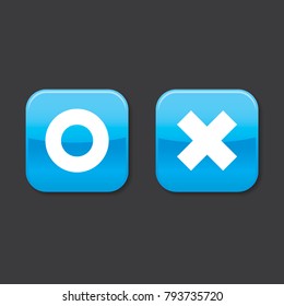 Glossy o and x rounded square shape icons with shadow, blue circle and cross, vector, isolated on dark background
