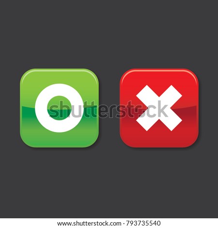 Glossy o and x rounded square shape icons with shadow, green circle and red cross, vector, isolated on dark background