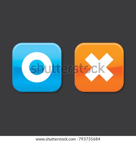 Glossy o and x rounded square shape icons with shadow, blue circle and orange cross, vector, isolated on dark background