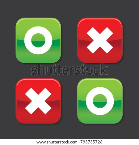 Glossy o and x rounded square shape icons with shadow, green circle and red cross, vector, isolated on dark background