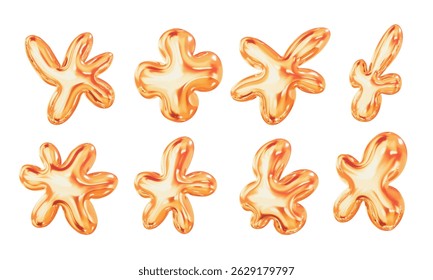 Glossy Orange Abstract Blob Shape. A complete collection of 8 glossy orange abstract blobs featuring rounded arms star shapes splash silhouettes. Perfect for futuristic 3d assets digital