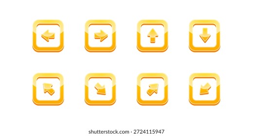 Iconos de Botón de flecha naranja brillante en forma cuadrada redondeada. Símbolos de navegación 3D modernos para App de interfaz de usuario, Web y móviles, tableros de instrumentos, reproductores multimedia. Iconos editables limpios del vector aislados en el fondo blanco.