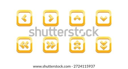 Glossy orange chevron arrow button icons in rounded square shape. Modern 3D navigation symbols for UI, web and mobile apps, controls and interfaces. Clean editable vector icons isolated on white.