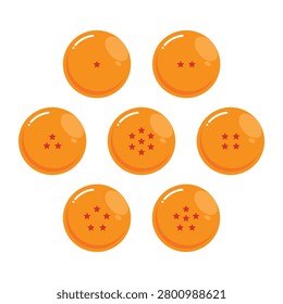 Glossy orange Dragon Ball with red stars from one to seven. flat cartoon style inspired design for fantasy, anime concept.