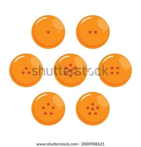 Glossy orange Dragon Ball with red stars from one to seven. flat cartoon style inspired design for fantasy, anime concept.
