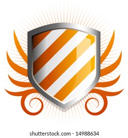 Glossy orange shield emblem with vine accents
