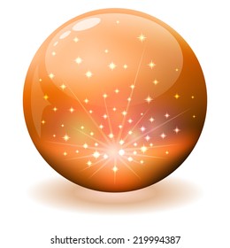 Esfera naranja brillante con chispas en el interior.