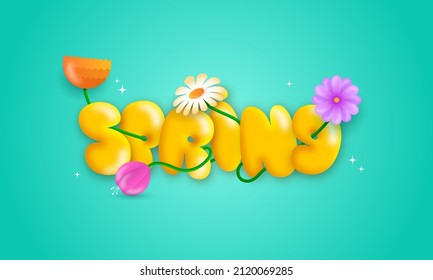 Glossy Orange Spring Balloon Font Decorated With Flowers On Turquoise Background.