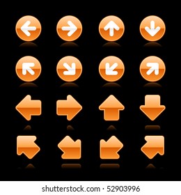 Glossy orange web button arrow set with reflection on black