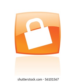 Glossy padlock in orange button isolated on white