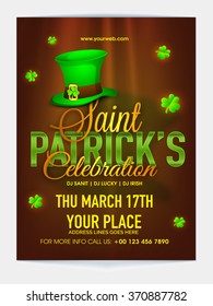 Glossy Pamphlet, Banner or Flyer design with date and place details for Happy St. Patrick's Day Party celebration.