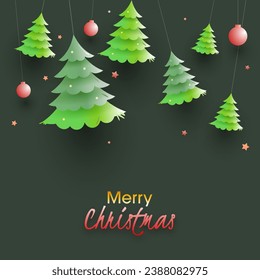 Glossy Paper Cut Xmas Trees with Pink Baubles Hang and Stars on Green Background for Merry Christmas Celebration.