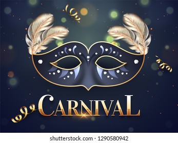 Glossy party mask with shiny text carnival on blue bokeh background for Carnival party poster or banner design.