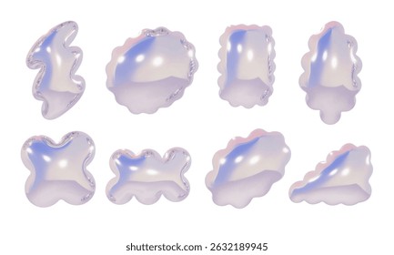 Glossy Pastel Abstract Blob Shape. A shiny collection of 3d pastel chrome blob shapes in freeform flower scallop cloud and bone like silhouettes with smooth gradients. Perfect for UI design overlays