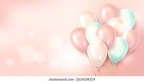 Glossy pastel balloons in pink, white, and blue floating against a soft pink bokeh background, symbolizing celebration. Vector illustration