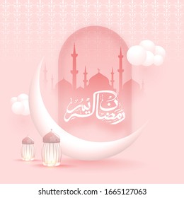 Glossy Pastel Pink Islamic Pattern Background with Silhouette Mosque, Crescent Moon and Illuminated Lanterns for Ramadan Kareem Celebration.