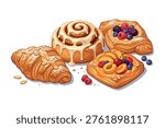 Glossy Pastries Set – Danish, Cinnamon Roll and Croissant Vector Illustration