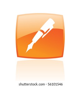 Glossy pen in orange button isolated on white