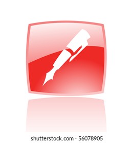 Glossy pen in red button isolated on white