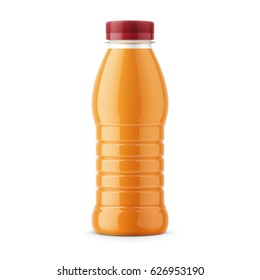 Glossy PET bottle with screw cap for orange juice. 385 ml. Realistic packaging mockup template. Front view. Vector illustration.